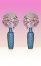 beautiful two flowers bouquet on two large blue and white ceramic vases on white floor, pink wall background, object, vintage, Royalty Free Stock Photo