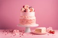 beautiful two-tier cake with flower decor and a cut piece of cake on a white plate on a light pastel background. Wedding cake