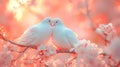 Beautiful two white pigeons birds are sitting together on the branch of a tree against pastel pink flowers background Royalty Free Stock Photo