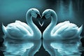 Beautiful two white swans in bluish clear water lake, in love creating heart shape, mirror reflection. Generative AI Royalty Free Stock Photo