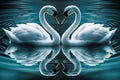 Beautiful two white swans in bluish clear water lake, in love creating heart shape, mirror reflection. Generative AI Royalty Free Stock Photo