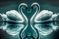 Beautiful two white swans in bluish clear water lake, in love creating heart shape, mirror reflection. Generative AI Royalty Free Stock Photo