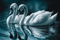 Beautiful two white swans in bluish clear water lake, in love side by side profile view mirror reflection. Generative AI