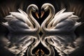 Beautiful two white swans in clear water lake at night, in love creating heart shape, mirror reflection. Generative AI Royalty Free Stock Photo