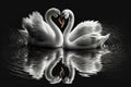 Beautiful two white swans in clear water lake at night, in love creating heart shape, mirror reflection. Generative AI Royalty Free Stock Photo