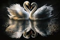 Beautiful two white swans in clear water lake at night, in love creating heart shape, mirror reflection. Generative AI Royalty Free Stock Photo