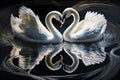 Beautiful two white swans in clear water lake at night, in love creating heart shape, mirror reflection. Generative AI Royalty Free Stock Photo