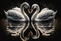 Beautiful two white swans in clear water lake at night, in love creating heart shape, mirror reflection. Generative AI Royalty Free Stock Photo