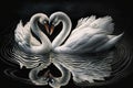 Beautiful two white swans in clear water lake at night, in love creating heart shape, mirror reflection. Generative AI Royalty Free Stock Photo