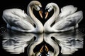 Beautiful two white swans in clear water lake at night, in love creating heart shape, mirror reflection. Generative AI Royalty Free Stock Photo