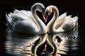 Beautiful two white swans in clear water lake at night, in love creating heart shape, mirror reflection. Generative AI Royalty Free Stock Photo