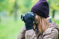 Beautiful twoman tourist travel photographer photographing forest at autumn day