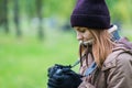 Beautiful twoman tourist travel photographer photographing forest at autumn day