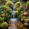 Beautiful typical garden pond, with goldfish swimming in water