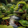 Beautiful typical garden pond, with goldfish swimming in water