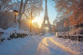Beautiful typical Parisian street covered in snow in France. Sunny cold day on winter time