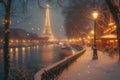 Beautiful typical Parisian street covered in snow at night. Sunny cold day on winter time