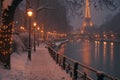Beautiful typical Parisian street covered in snow at night. Sunny cold day on winter time