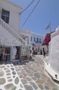 Beautiful Typical White and Blue Square With Restaurants In Chora Island Of Mikonos .Arte History Architecture Royalty Free Stock Photo