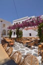 Beautiful Typical White and Blue Square With Restaurants In Chora Island Of Mikonos .Arte History Architecture Royalty Free Stock Photo