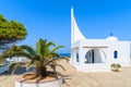 Beautiful typical white Greek church near Potami bay, Samos island, Greece Royalty Free Stock Photo