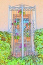 Typical Window Of Southern Spain Decorated With Colored Flower Pots For Use As Background. Screensavers Backgrounds Textures.