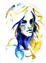 Beautiful Ukraine yellow blue woman face. fashion illustration watercolor
