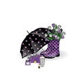 Beautiful umbrella, rubber boots with tulips, bag and lipstick. Vector illustration for a card or poster. Print on clothes. Spring