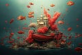 Beautiful underwater composition with fantastic ship and castle on it. Mansion with turrets and spires on red boat among corals