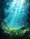 beautiful Underwater kelp forest swaying with the currents Background Digital Paper clipart Royalty Free Stock Photo