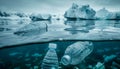 Beautiful underwater landscape cold Antarctic sea waters, icebergs with plastic bottles waste. Beauty in Nature, ocean, Marine