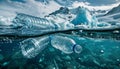 Beautiful underwater landscape cold Antarctic sea waters, icebergs with plastic bottles waste. Beauty in Nature, ocean, Marine