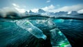 Beautiful underwater landscape cold Antarctic sea waters, icebergs with plastic bottles waste. Beauty in Nature, ocean, Marine