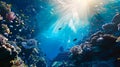 Beautiful underwater marine life scene with sunlight rays. Vibrant coral reef and schools of fish in a tropical ocean