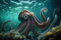 Beautiful underwater octopus in the sea with lovely dramatic lighting