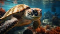 A beautiful underwater portrait of a cute sea turtle swimming generated by AI Royalty Free Stock Photo