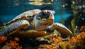 A beautiful underwater portrait of a green sea turtle swimming generated by AI Royalty Free Stock Photo