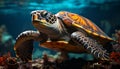 A beautiful underwater portrait of a slow swimming sea turtle generated by AI Royalty Free Stock Photo