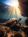 Beautiful Underwater Postcard. Maldivian Sea Turtle Floating Up And Over Coral reef. Loggerhead in wild nature habitat