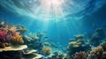 beautiful underwater scene with tropical seabed with reef fish and sunlight