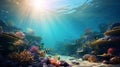 beautiful underwater scene with tropical seabed with reef and sunlight