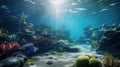 Beautiful underwater seascape, ocean floor, corals and sponges, view from the bottom. Royalty Free Stock Photo