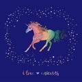 Beautiful unicorn with black contour and watercolor filling isolated on blue background. Vector card with rainbow text