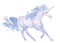 Beautiful unicorn in blue, grey and pink colors isolated on the white background. Watercolor illustration Royalty Free Stock Photo