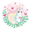 beautiful unicorn card, unicorn head inside a frame of hearts. Royalty Free Stock Photo