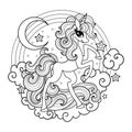 Beautiful unicorn on the clouds. Round composition. Black and white linear drawing. Vector Royalty Free Stock Photo