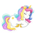 Beautiful unicorn with crown sleeps. Vector isolated illustration.