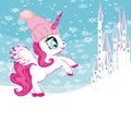 Beautiful unicorn and fairy-tale princess castle in winter Royalty Free Stock Photo