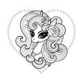 Beautiful unicorn, hand drawn childish vector linen illustration