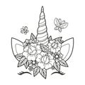 Beautiful unicorn horn with flowers. Black and white linear drawing. Vector Royalty Free Stock Photo
